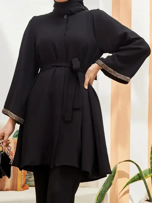 Women's Glitter Sequin Trim  Belted Shirt, Modest Round Neck Long Sleeve Dress for Daily Wear, Ladies Clothes for All Seasons