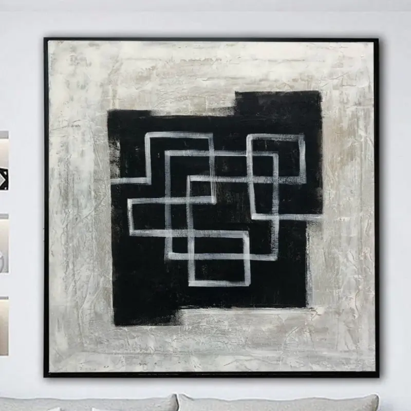 Abstract Black And White Paintings On Canvas Maze Painting Original Textured Wall Art Modern Oil Hand Painted Art | DARK MAZE