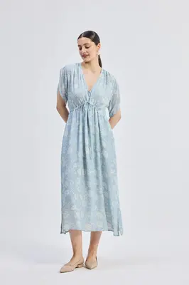 Maxi Gathered Dress in Blue Florals | Color: Floral Whispers | Size: 3XL