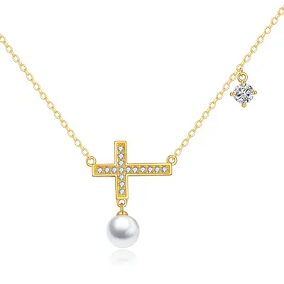 14K Gold Cubic Zirconia & Pearl Cross Pendant Necklace