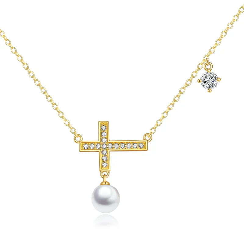 14K Gold Cubic Zirconia & Pearl Cross Pendant Necklace