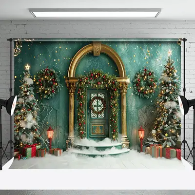 Vintage Green Wall Snow Trees Christmas Backdrop