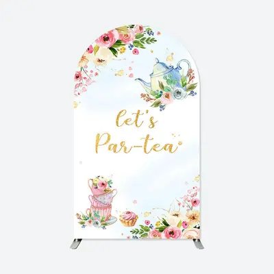 Aperturee Lets Partea Floral Teapot Birthday Arch Backdrop | Custom Chiara Arched Covers | Round Arch Backdrop Cover | Diy Ro...