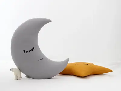 Gray Crescent Moon Pillow with Crown or Star