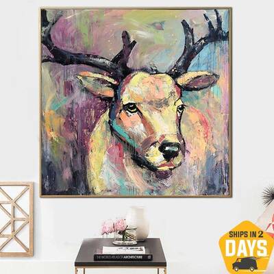 Abstract Deer Wall Art Canvas Large Oil Painting Wild Animal Artwork Vibrant Painting Contemporary Wall Art for Fireplace Dec...