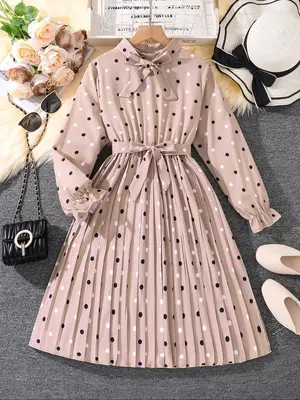 Girl's Polka Dot Print Belted Pleated Dress, Casual Bishop Sleeve Keyhole Neckline Pleated Dress for Fall & Winter, Kids Clot...