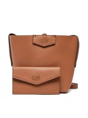 Guess, Brenton, Fabric and Eco-leather Bag, Rigid Structure, Caramel, 6432, Women, 22 x 18 x 9 cm