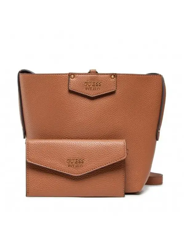 Guess, Brenton, Fabric and Eco-leather Bag, Rigid Structure, Caramel, 6432, Women, 22 x 18 x 9 cm