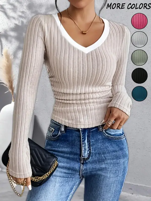 Womenswear Plain Contrast Binding Ruched V Neck Tee, Comfortable Cute Tops Going Out, T Shirt for Women, Elegant Long Sleeve ...