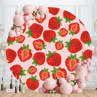 Aperturee Pink Strawberry Round Happy Birthday Backdrop For Girl | Custom Round Backdrop | Birthday Backdrop Ideas | Circular...