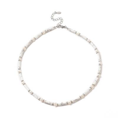 Natural Howlite & Pearl & Crystal Rhinestone Beaded Necklace for Women