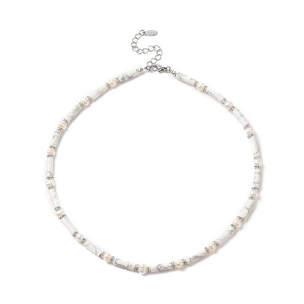 Natural Howlite & Pearl & Crystal Rhinestone Beaded Necklace for Women