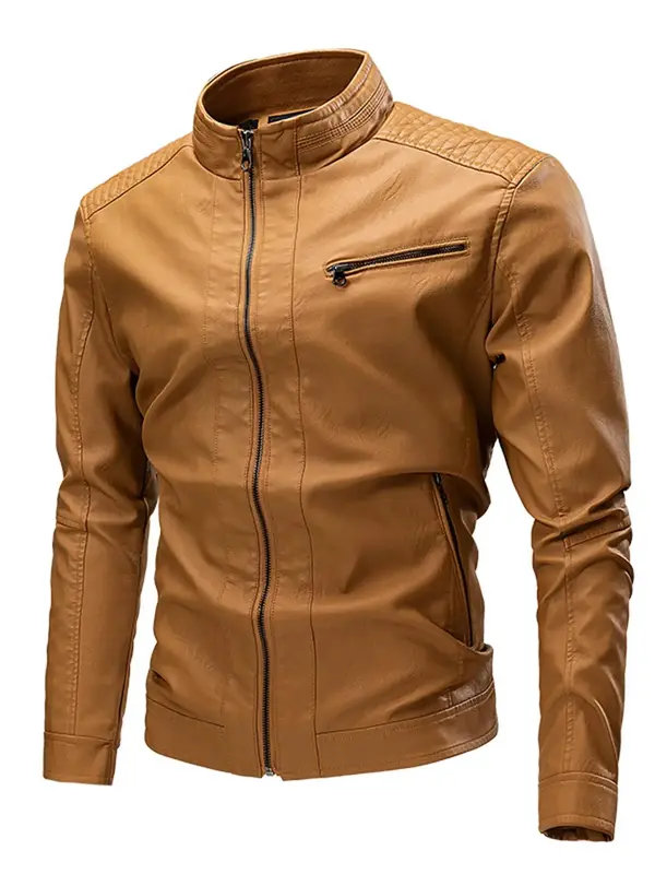 Men's Solid Zip Up Pocket Pu Jacket, Sporty Long Sleeve Stand Collar Coat for Spring & Fall, Fashion Men's Sportswear for Dai...