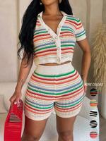 Women's Colorblock Striped Print Button Front Crop Cardigan & High Waist Shorts Sweater Co-ord Set, Casual Short Sleeve Colla...