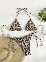 Two-piece Set Women's Leopard Print Textured Bikinis Set, Bathing Suits, Casual Halter Triangle Bra & Tie Side Panty, Bathing...