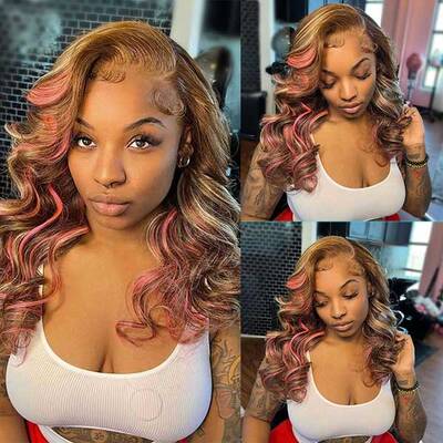 Ashimary Pink Highlights In Brown Hair 13x4 HD Transparent Lace Wig