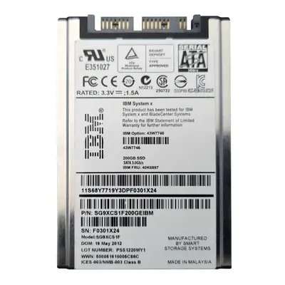 43W7746 IBM 200GB Multi-Level Cell SATA 3Gb/s Hot Swappable 1.8-Inch Solid State Drive