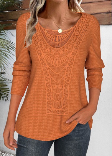 Modlily Terracotta Lace Long Sleeve Round Neck T Shirt - S