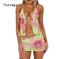 Women´s Summer 2PCS Set Front Tie Bow Stylish Flower Print Sheer Halter Tops and Low Rise Mini Skirt Outfits