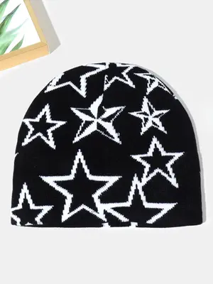Color Block Star Print Jacquard Beanie Hat, Winter Warm Skullies, Knitted Pullover Hat, Casual Outdoor Sports Hat for Men & W...