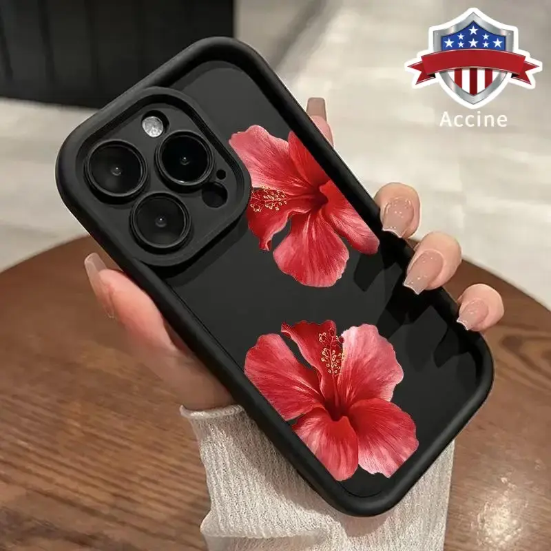Hibiscus Blooms Pattern TPU Phone Case for iPhone 17 16 15 14 Pro Max 13 12 11 Air XR XS Plus Shockproof Non Slip Military-Gr...