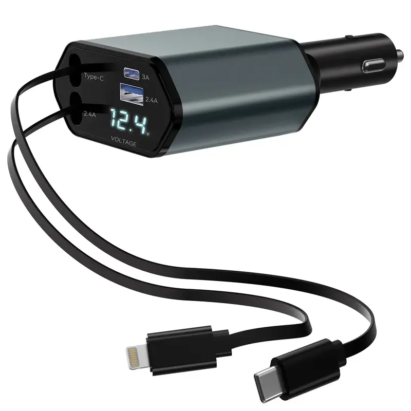 Retractable Car Charger, 4 in 1 Fast Charge Car Adapter [Max 67W] with Lightning Cable and Dual Charge Port , Compatible with...