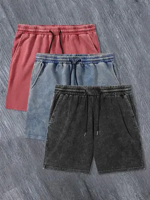 Men's Solid Color / Letter Graphic Print Denim-effect Print Drawstring Waist Shorts,, Regular Fit Casual Street Comfy Breatha...