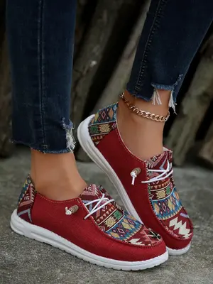 Women's Boho Style Geometric Pattern Lace Up Low Top Sneakers, Casual Comfortable Sports Shoes, Fashionable All-match Canvas ...