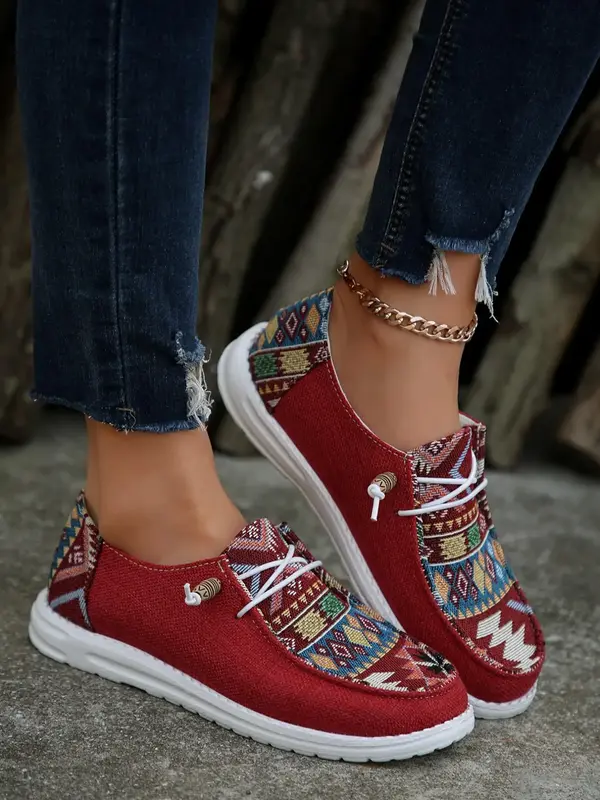Women's Boho Style Geometric Pattern Lace Up Low Top Sneakers, Casual Comfortable Sports Shoes, Fashionable All-match Canvas ...