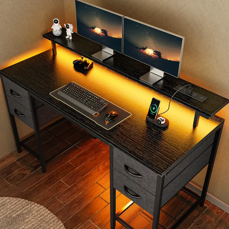 Huuger Computer Desk with 4 Drawers, Gaming Desk, LED Lights & Power Outlets and USB-C Port, Home Office Desk with Large Stor...