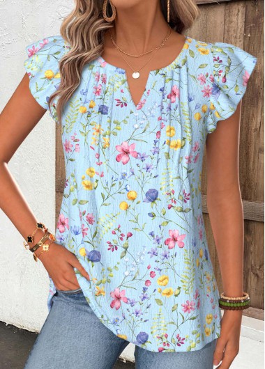Modlily Light Blue Floral Print Tummy Coverage T Shirt - M