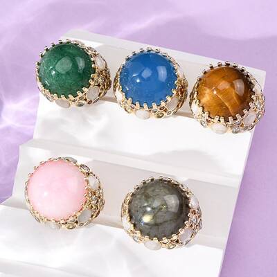 Half Round Natural Gemstone Cubic Zirconia Cuff Rings