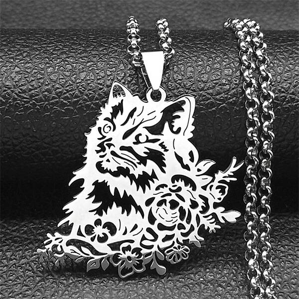 304 Stainless Steel Box Chain Hollow Cute Cat Pendant Necklaces
