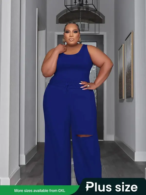Plus Size Solid Tank Top & Elastic Waist Cut Out Wide Leg Pants Set, Casual Minimalist Scoop Neck Sleeveless Top & Drawstring...