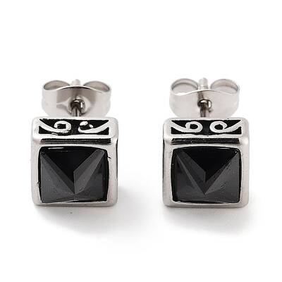 Square 316 Surgical Stainless Steel Pave Black Cubic Zirconia Stud Earrings for Women Men