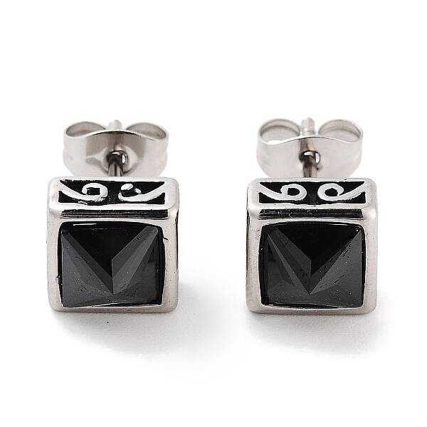 Square 316 Surgical Stainless Steel Pave Black Cubic Zirconia Stud Earrings for Women Men