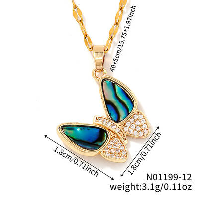 Brass Pave Paua Shell & Crystal Rhinestone Butterfly Pendant Dapped Chain Necklace for Women