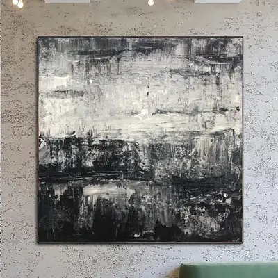 Abstract Black and White Painting Canvas Modern Oil Artwork Brush Stroke Art Contemporary Grey Painting for Fireplace Wall De...