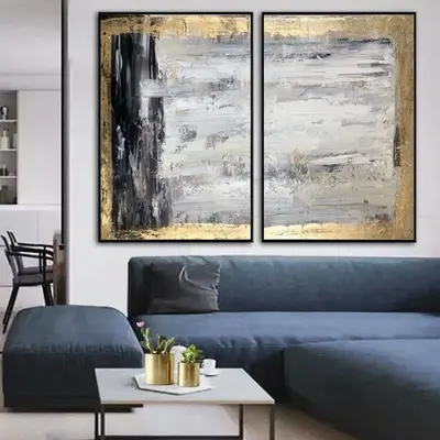 Original Gold Leaf Painting Large Set Of 2 Artwork Black And White Wall Art | ANCIENT CLARITY