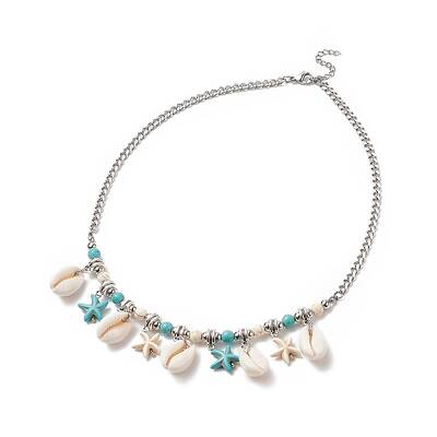 Synthetic Turquoise Starfish & Natural Shell Pendant Necklace