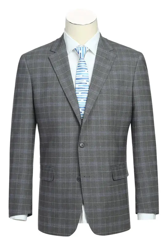 Classic Fit Men's Two-Button Suit - Dark Grey & Lavender Windowpane Plaid