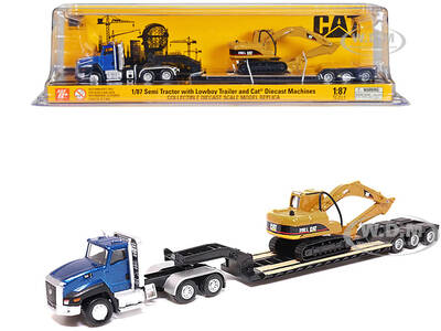 CAT Caterpillar CT660 Day Cab Tractor Blue Metallic with Lowboy Trailer and CAT 315C L Hydraulic Excavator Yellow 1/87 (HO) D...