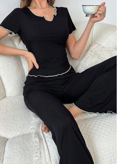 Modlily Black Short Sleeve Split Neck Lounge Top and Pants - M