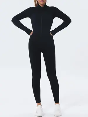 Women's Minimalist Sporty Body Jumpsuit, Workout Clothes Women, One-piece Long Sleeve Jumpsuit for Women, Seamless Stand Coll...