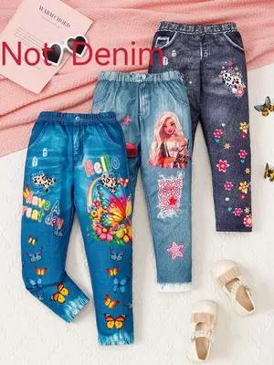Girls' 3-Pack Stretchy Denim-Look Pants: Butterfly, Cartoon Girls, Cars & Floral Prints! Easy Waistband, Outdoor Bike Riding,...