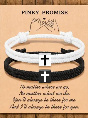 Cross Bead Decor Braided Rope Matching Bracelet Set, Fashionable Couple Braided Drawstring Bracelet for Women & Men, Trendy A...