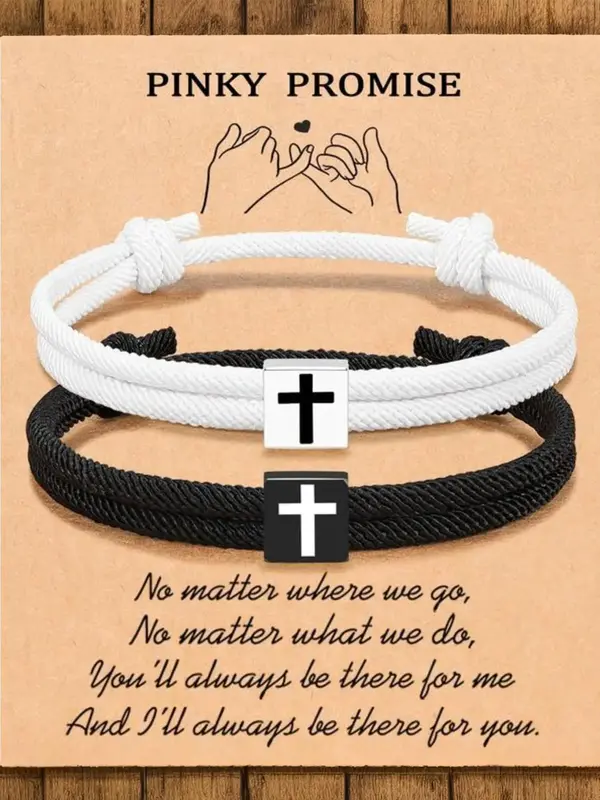 Cross Bead Decor Braided Rope Matching Bracelet Set, Fashionable Couple Braided Drawstring Bracelet for Women & Men, Trendy A...