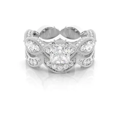 14K White Gold 2.2 CT.T.W. Princess Cut Lab Created Diamond 4 Prong Setting Side Stone Halo Engagement Ring