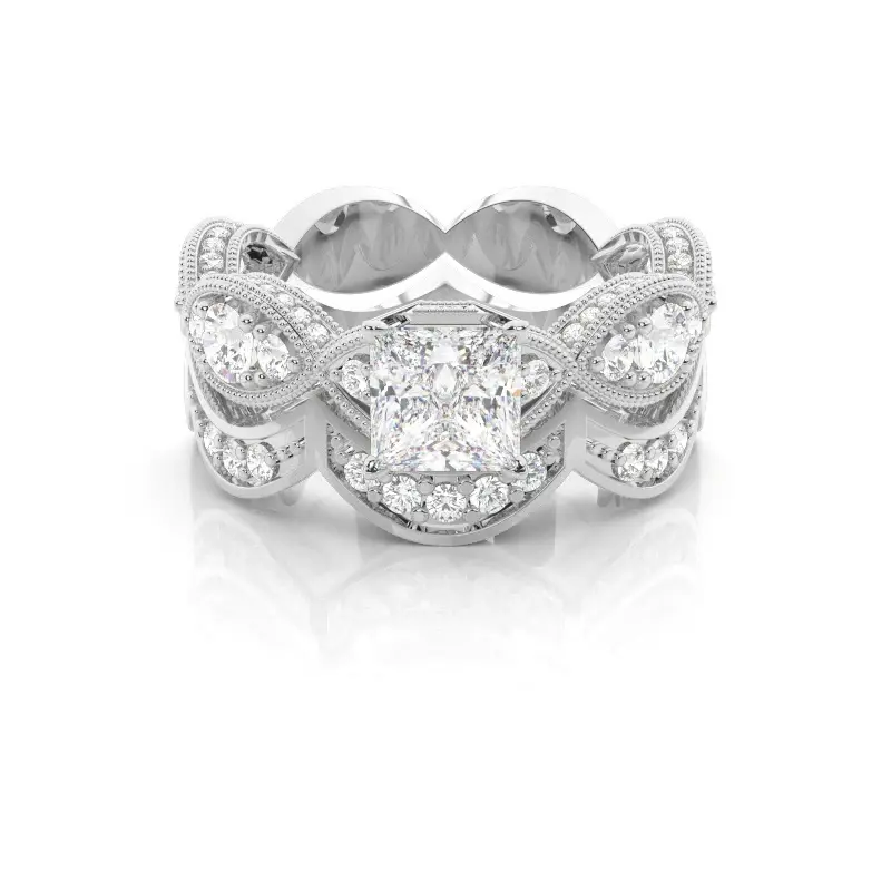 14K White Gold 2.2 CT.T.W. Princess Cut Lab Created Diamond 4 Prong Setting Side Stone Halo Engagement Ring