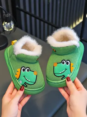 Baby Plush Slippers Cartoon Dinosaur Design, Winter Warm Thick Non-Slip Soft Sole, Unisex Indoor Outdoor Shoes for Boys & Gir...